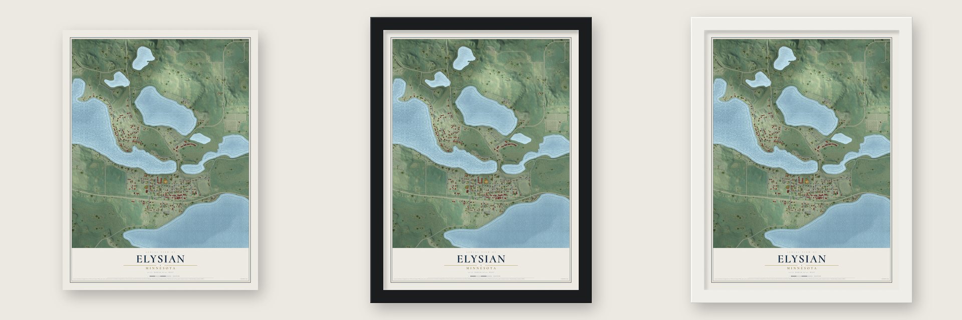 Elysian, Minnesota map unframed, in a black wood frame and in a white wood frame