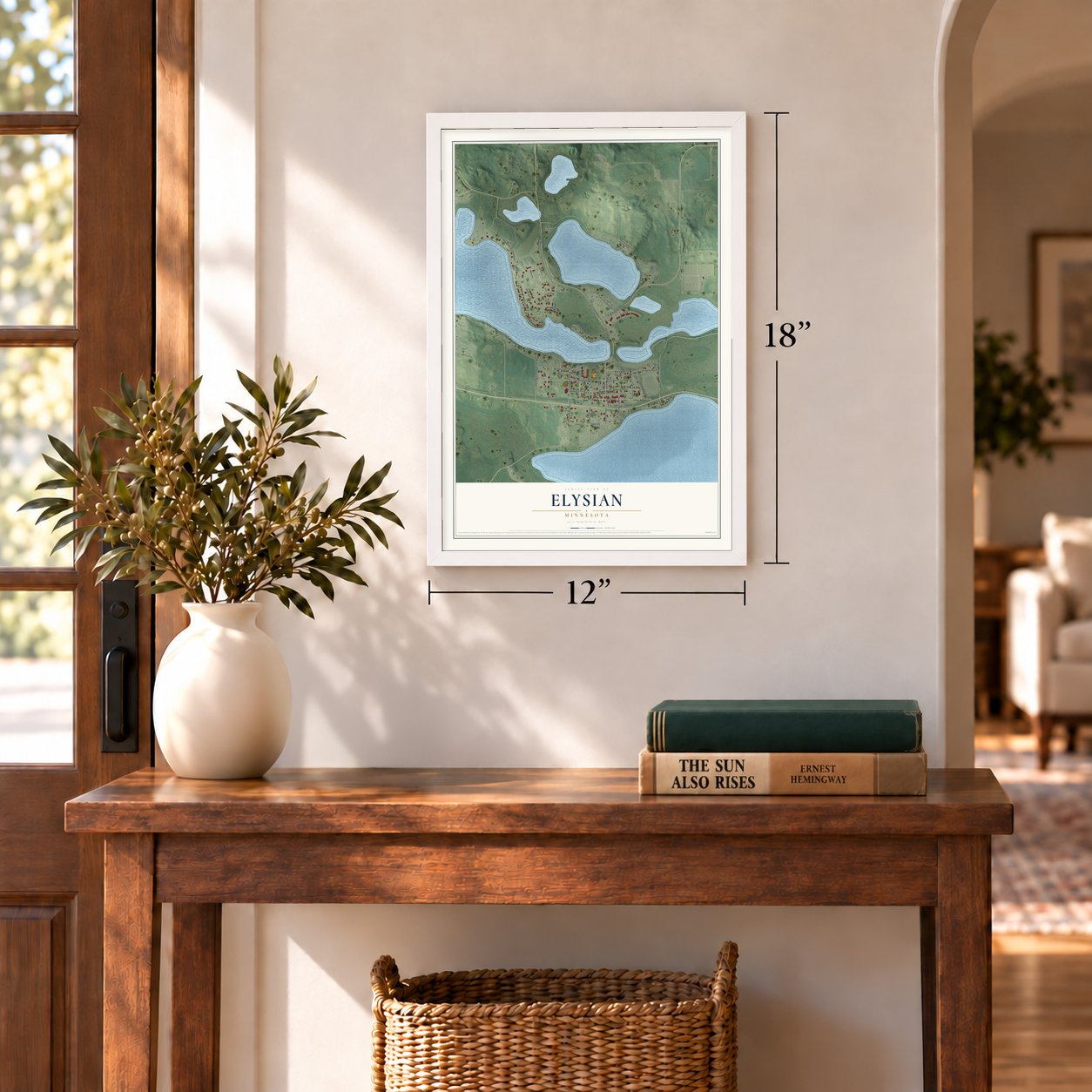 Elysian, Minnesota map, 12 x 18 inch print in a white frame in an entryway