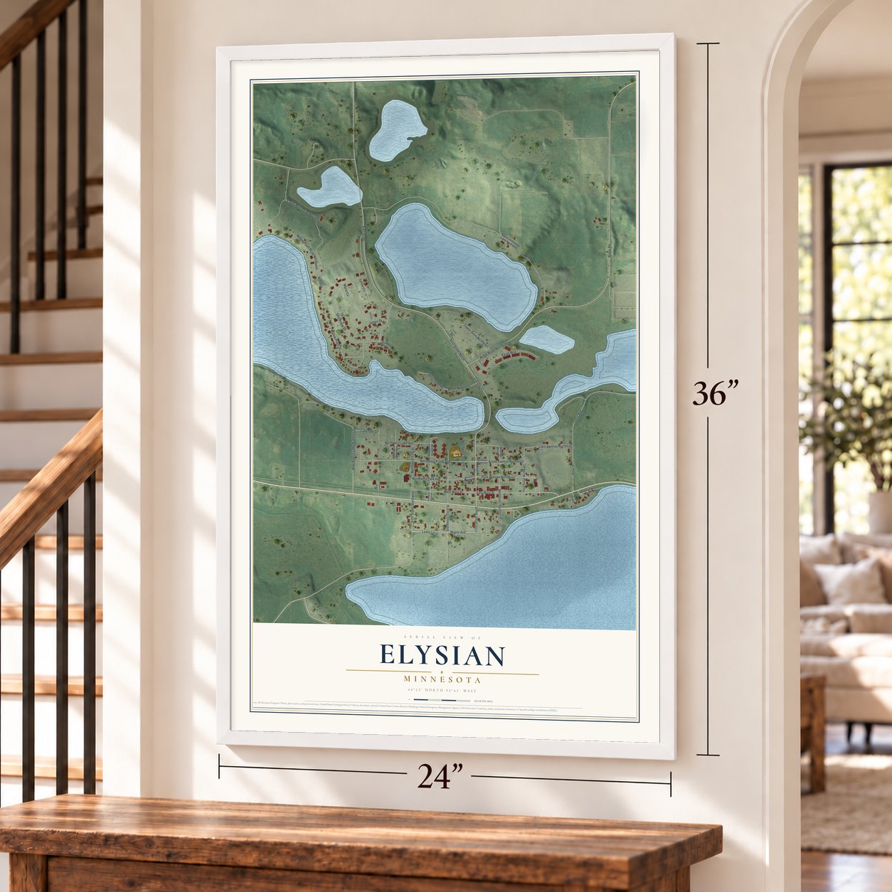 Elysian, Minnesota map, 24 x 36 inch print in a white frame by a staircase