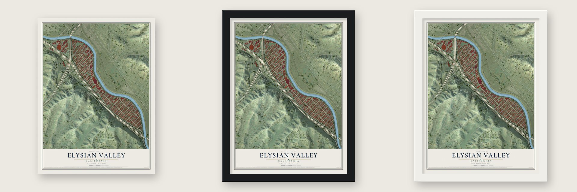 Elysian Valley, California map unframed, in a black wood frame and in a white wood frame