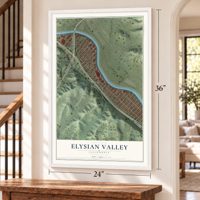 Elysian Valley, California map, 24 x 36 inch print in a white frame by a staircase