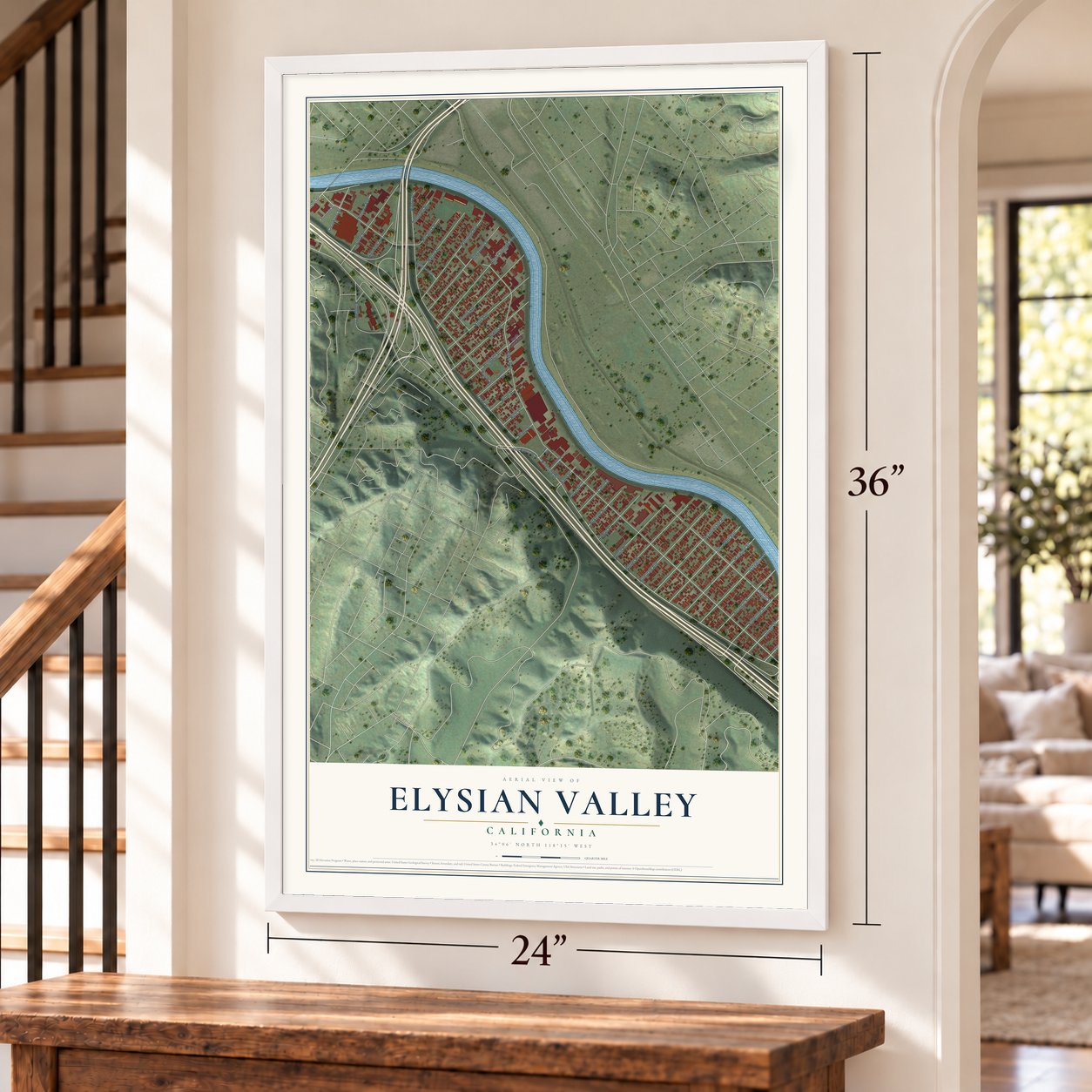 Elysian Valley, California map, 24 x 36 inch print in a white frame by a staircase