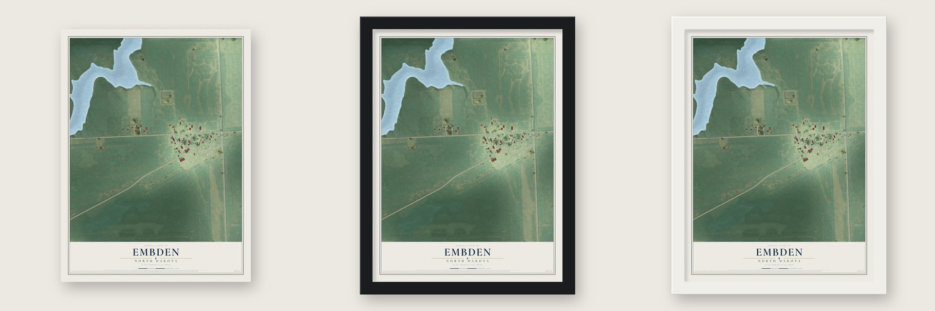 Embden, North Dakota map unframed, in a black wood frame and in a white wood frame