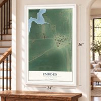 Embden, North Dakota map, 24 x 36 inch print in a white frame by a staircase