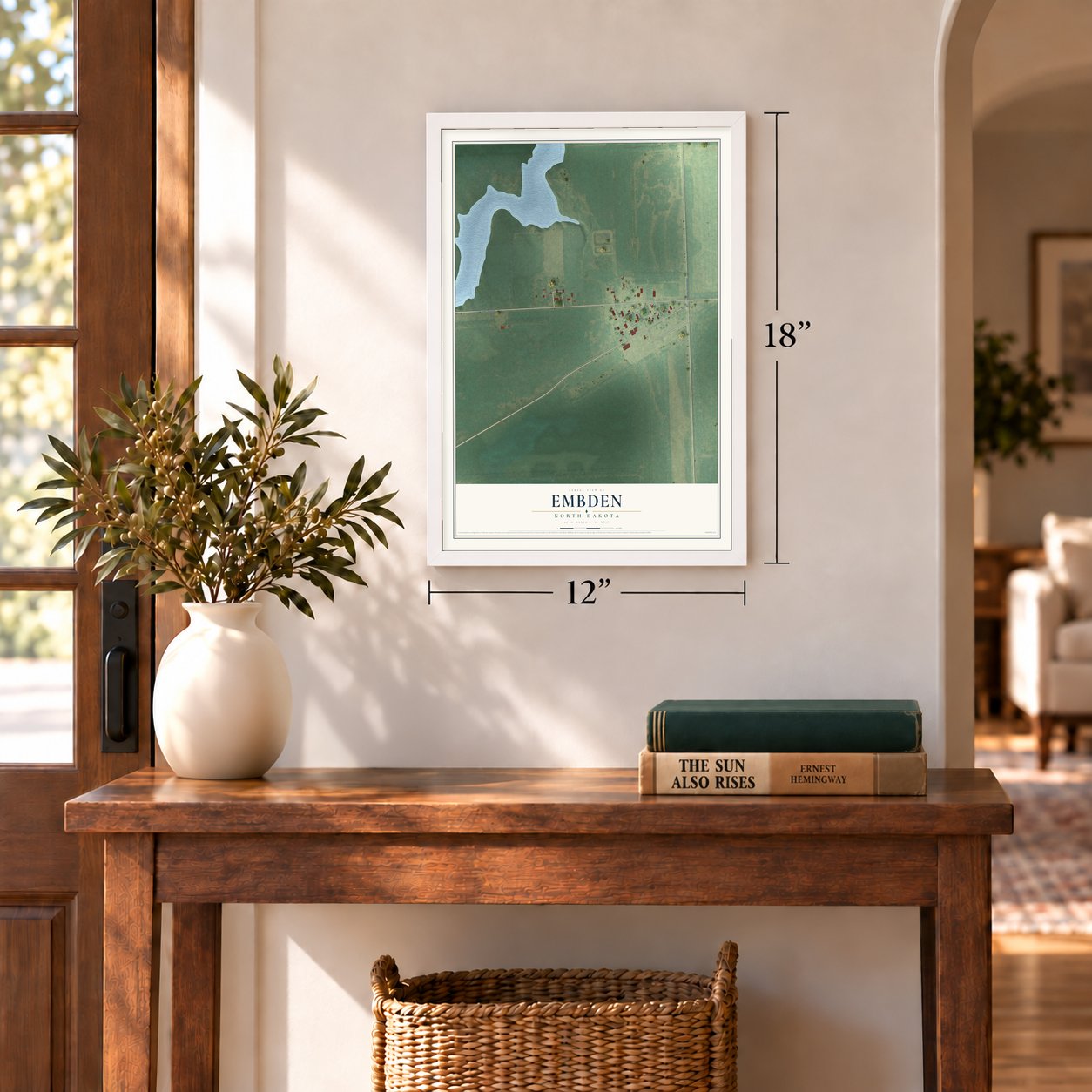 Embden, North Dakota map, 12 x 18 inch print in a white frame in an entryway
