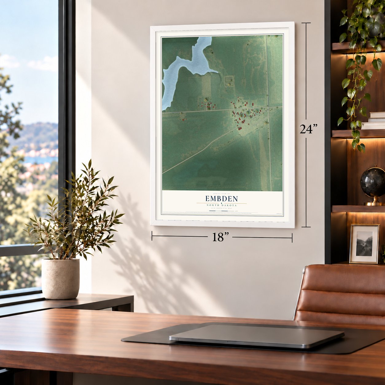Embden, North Dakota map, 18 x 24 inch print in a white frame in a home office