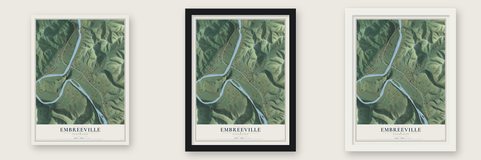 Embreeville, Tennessee map unframed, in a black wood frame and in a white wood frame