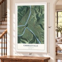 Embreeville, Tennessee map, 24 x 36 inch print in a white frame by a staircase