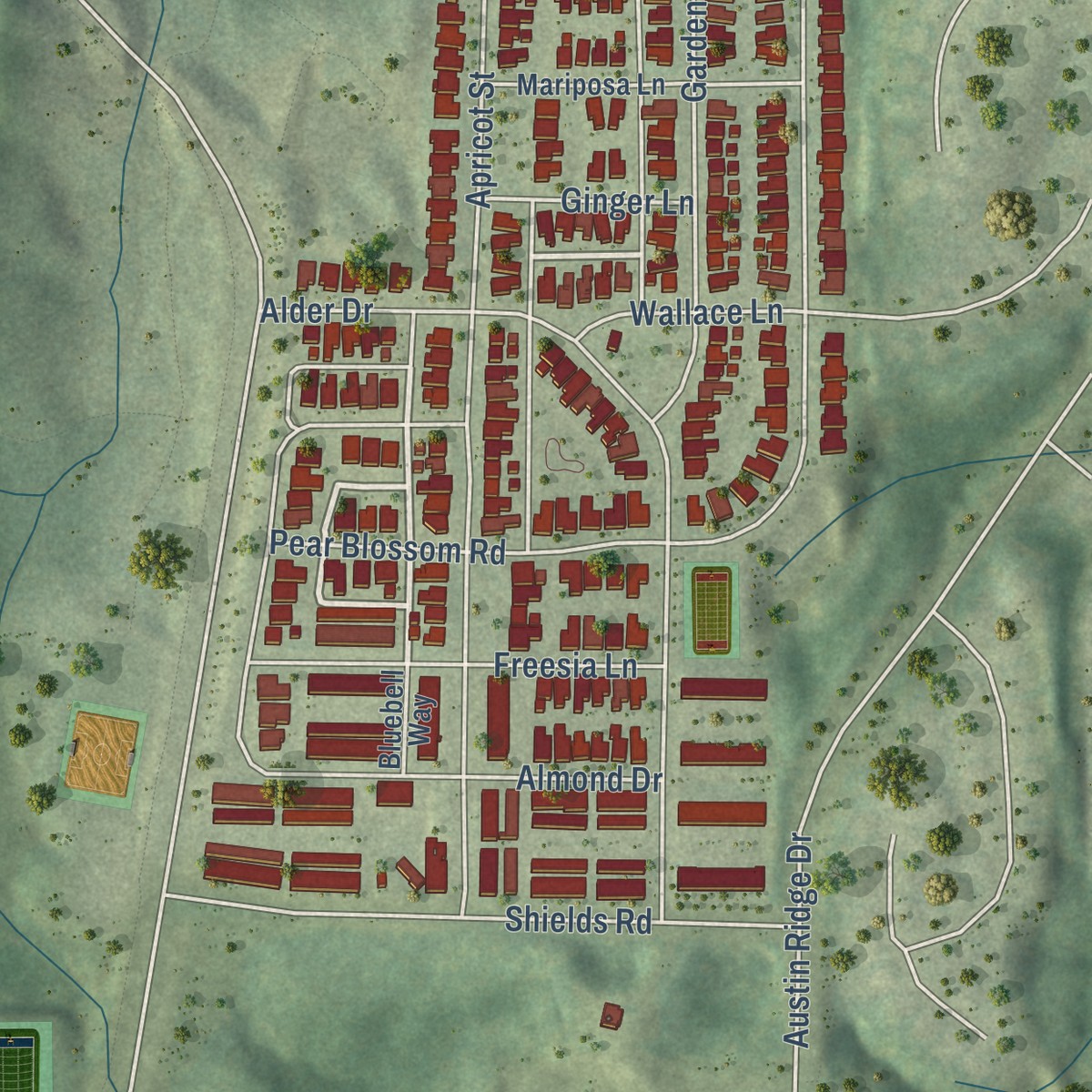 Second close-up of the map of Embrey Mill, Virginia print showing more streets and buildings