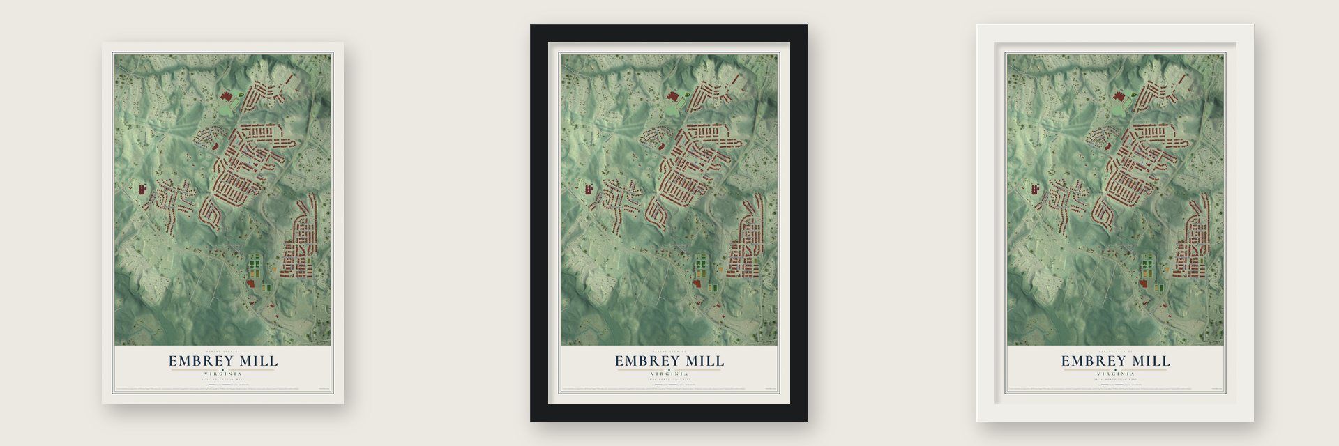Embrey Mill, Virginia map unframed, in a black wood frame and in a white wood frame