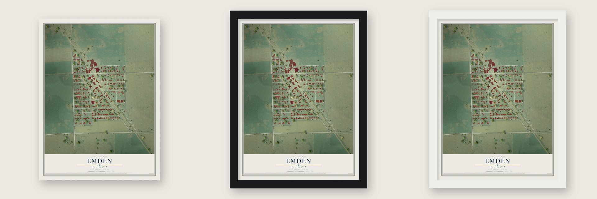 Emden, Illinois map unframed, in a black wood frame and in a white wood frame