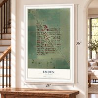 Emden, Illinois map, 24 x 36 inch print in a white frame by a staircase