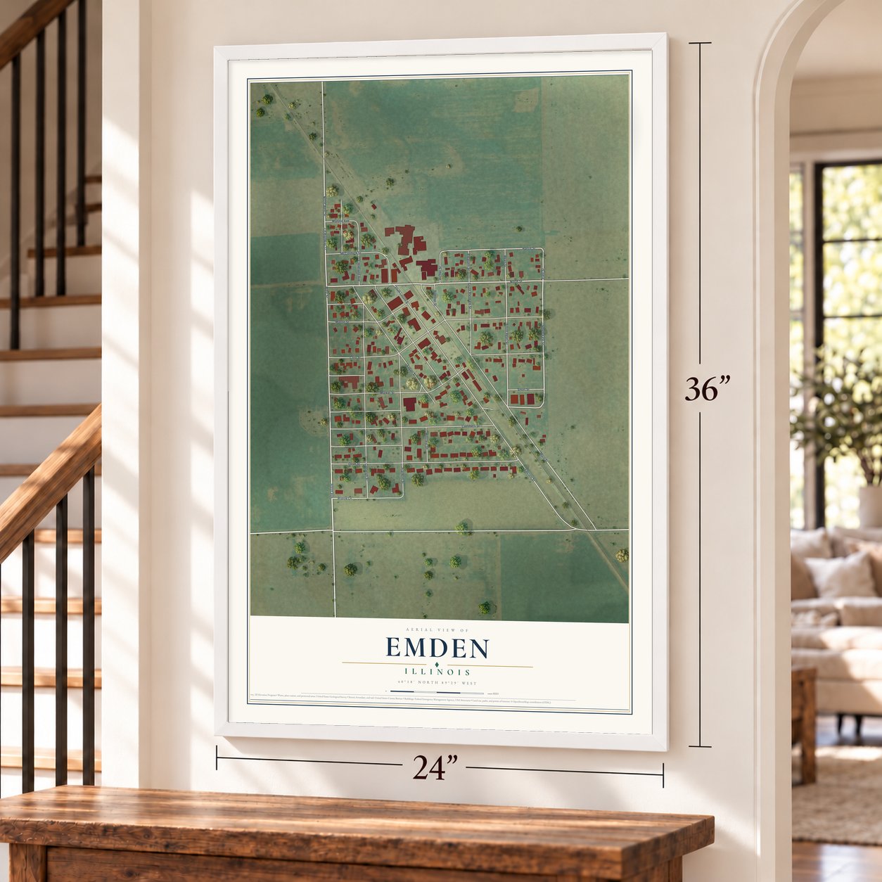 Emden, Illinois map, 24 x 36 inch print in a white frame by a staircase