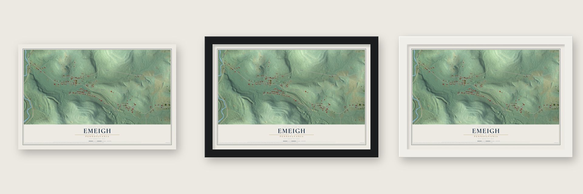 Emeigh, Pennsylvania map unframed, in a black wood frame and in a white wood frame