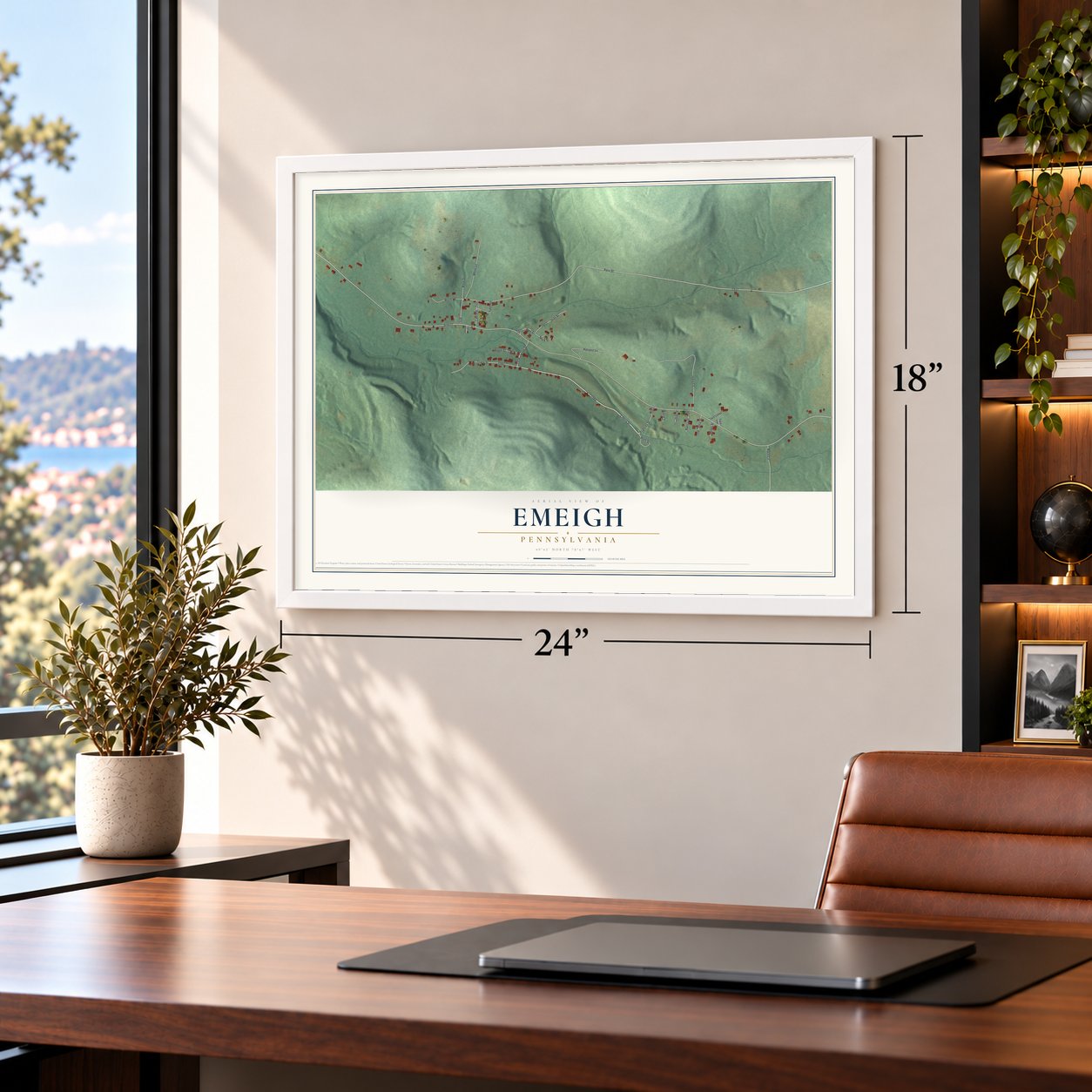 Emeigh, Pennsylvania map, 18 x 24 inch print in a white frame in a home office
