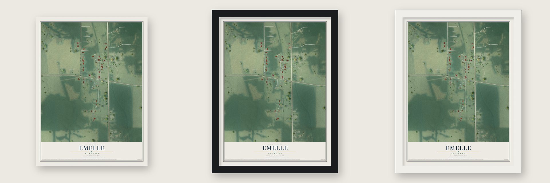 Emelle, Alabama map unframed, in a black wood frame and in a white wood frame