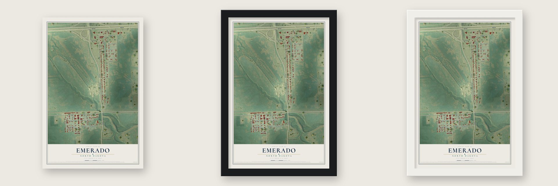Emerado, North Dakota map unframed, in a black wood frame and in a white wood frame