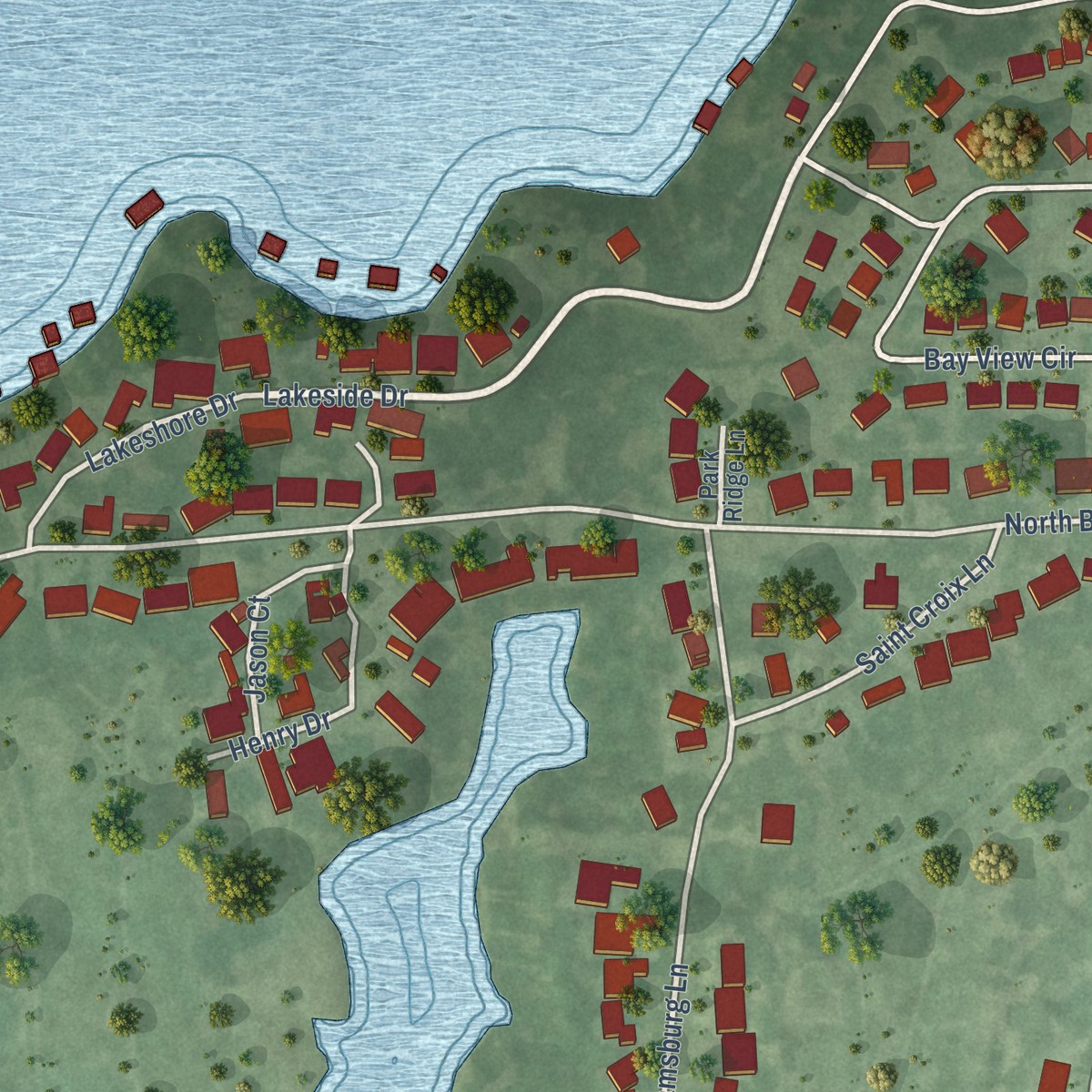Second close-up of the map of Emerald Bay, Texas print showing more streets and buildings