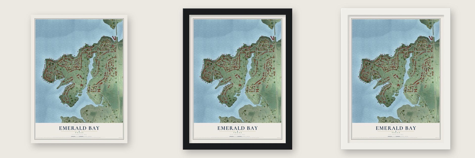 Emerald Bay, Texas map unframed, in a black wood frame and in a white wood frame