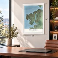 Emerald Bay, Texas map, 18 x 24 inch print in a white frame in a home office