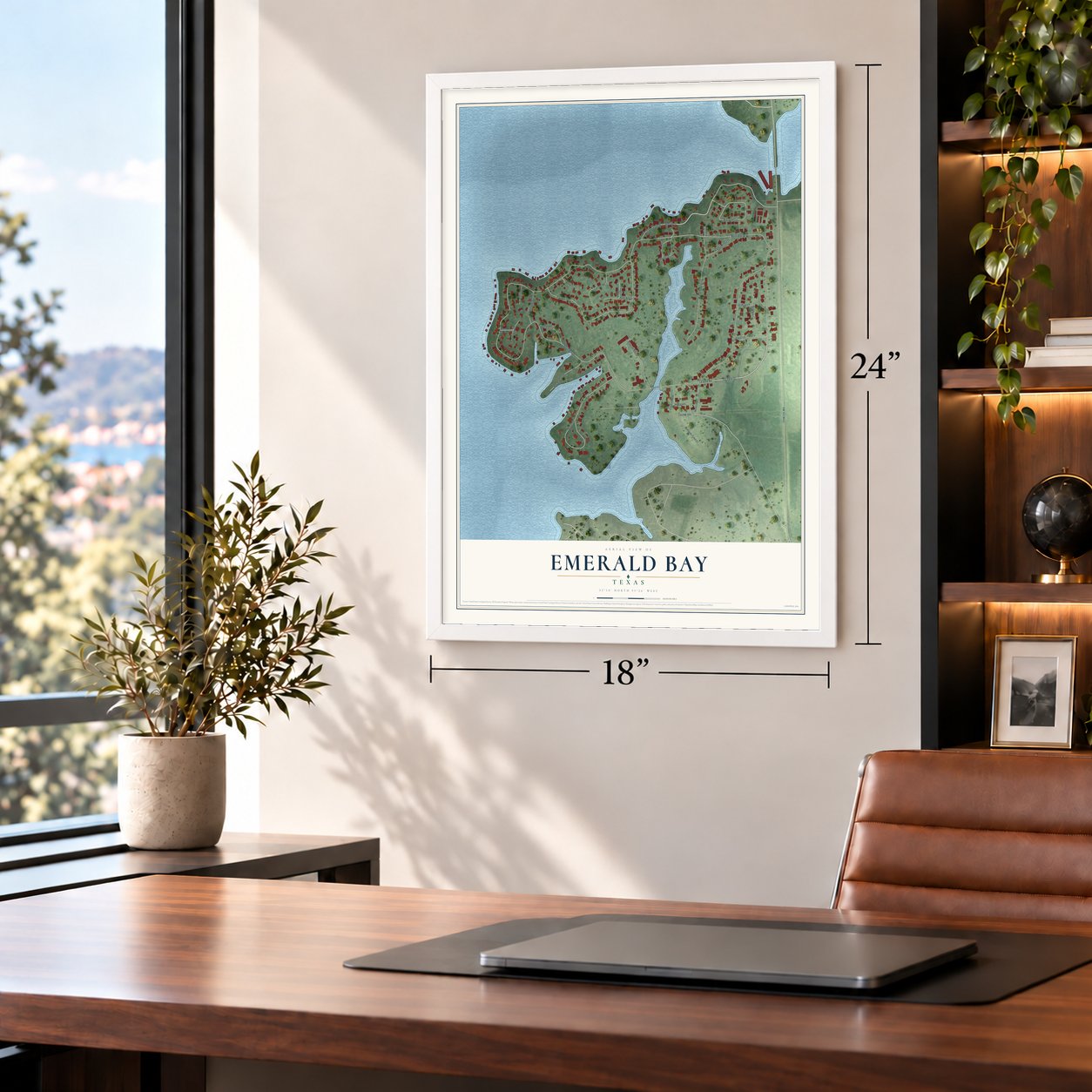 Emerald Bay, Texas map, 18 x 24 inch print in a white frame in a home office