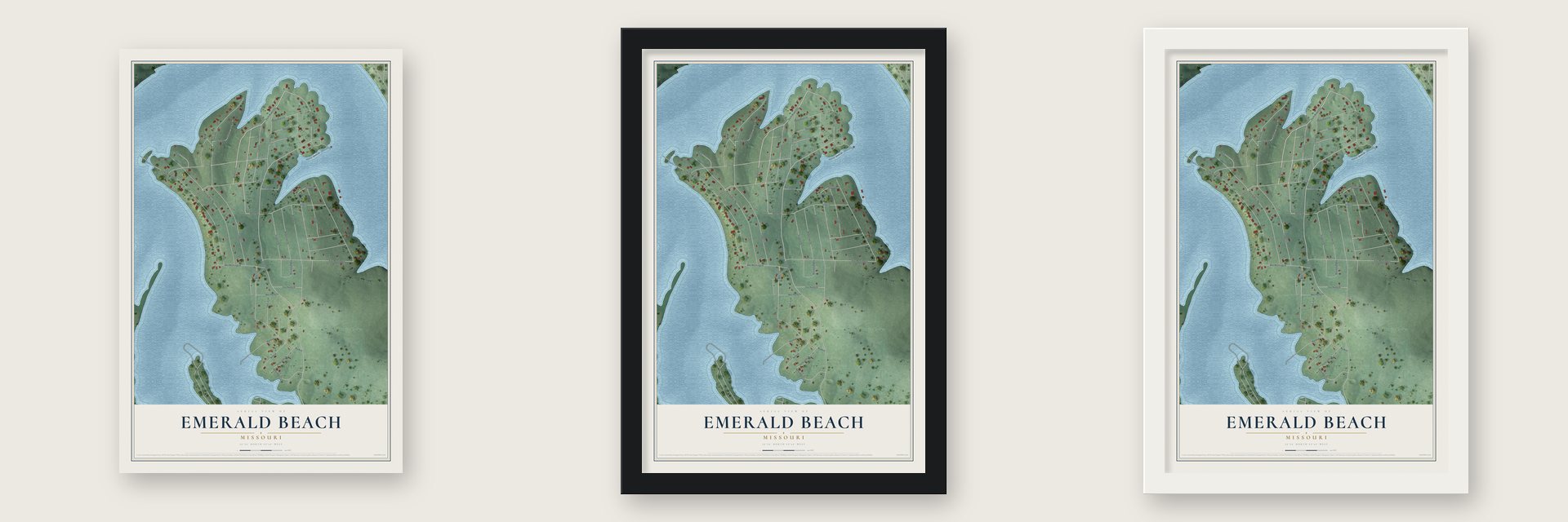 Emerald Beach, Missouri map unframed, in a black wood frame and in a white wood frame