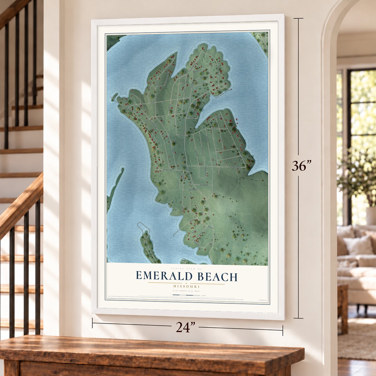 Emerald Beach, Missouri map, 24 x 36 inch print in a white frame by a staircase
