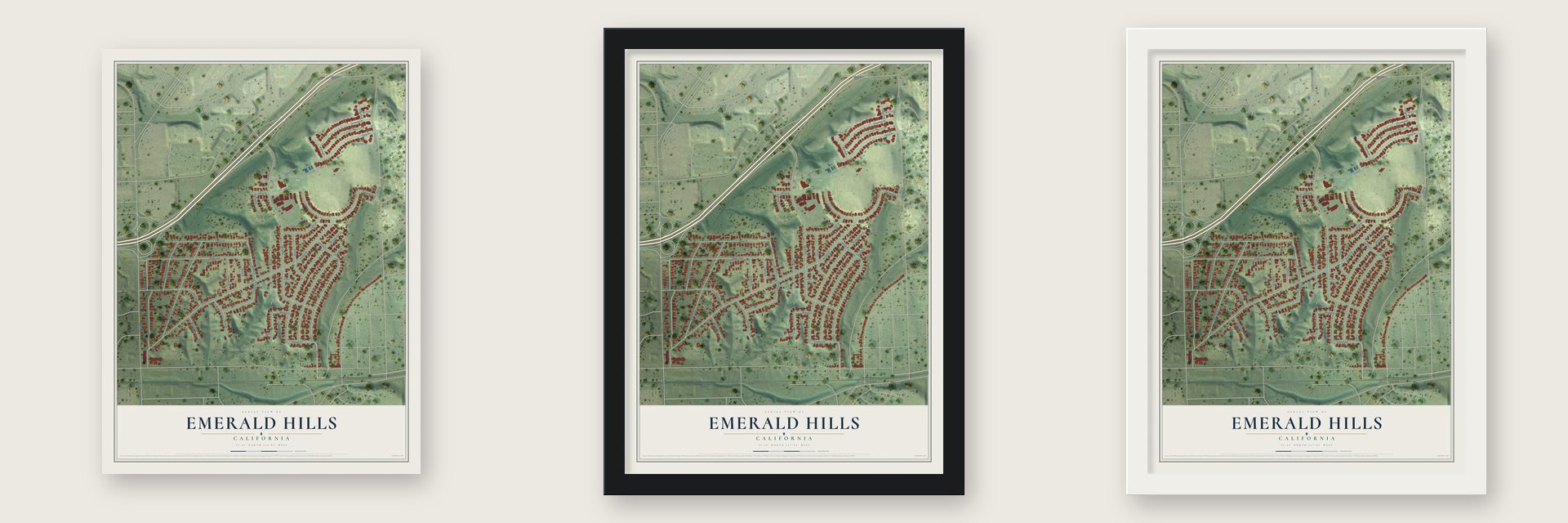 Emerald Hills, California map unframed, in a black wood frame and in a white wood frame