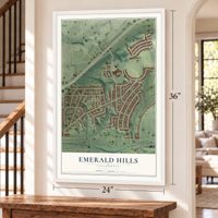 Emerald Hills, California map, 24 x 36 inch print in a white frame by a staircase