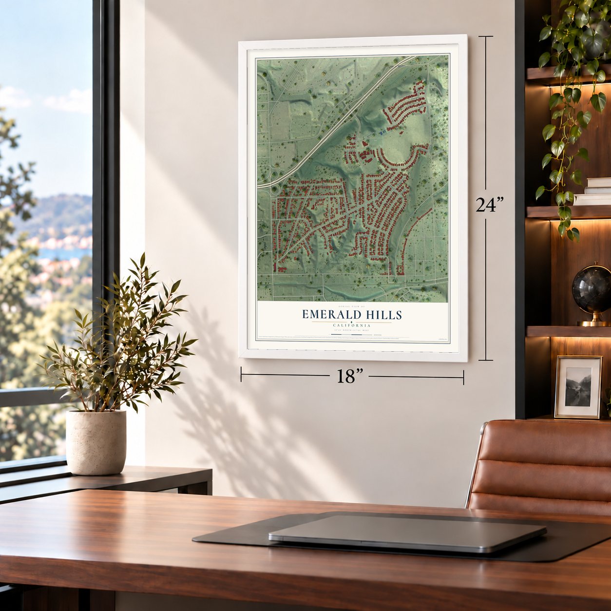 Emerald Hills, California map, 18 x 24 inch print in a white frame in a home office