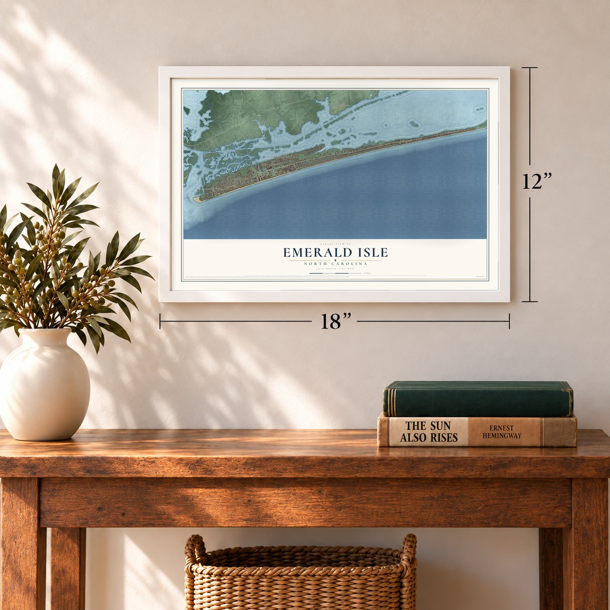 Emerald Isle, North Carolina map, 12 x 18 inch print in a white frame in an entryway