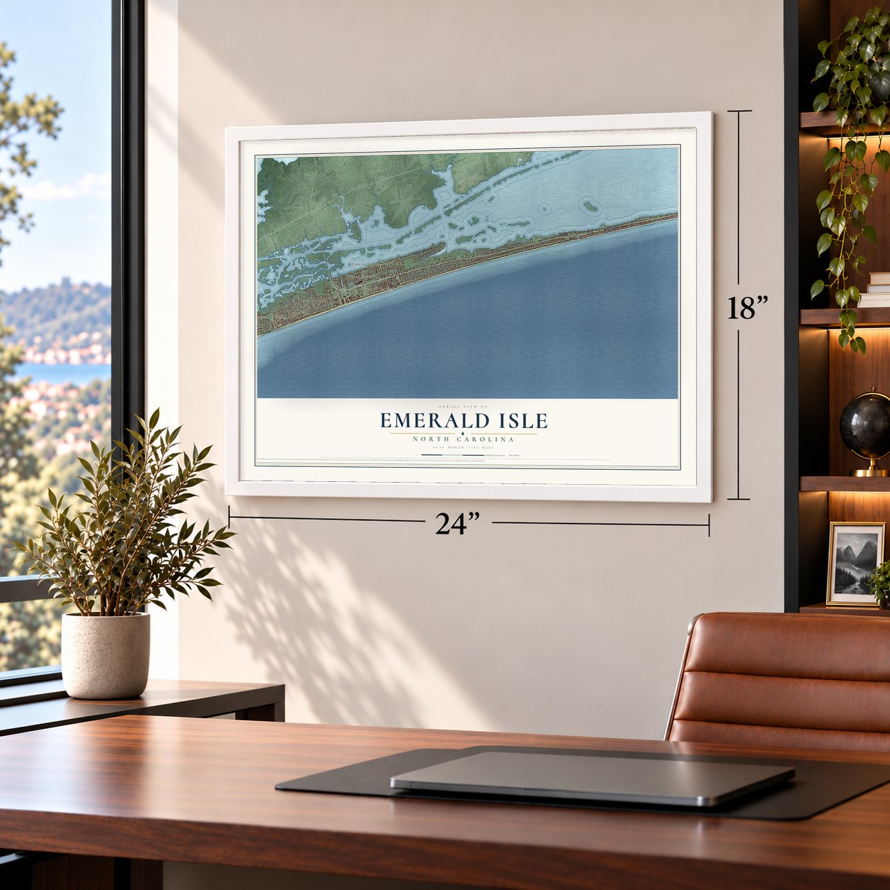Emerald Isle, North Carolina map, 18 x 24 inch print in a white frame in a home office