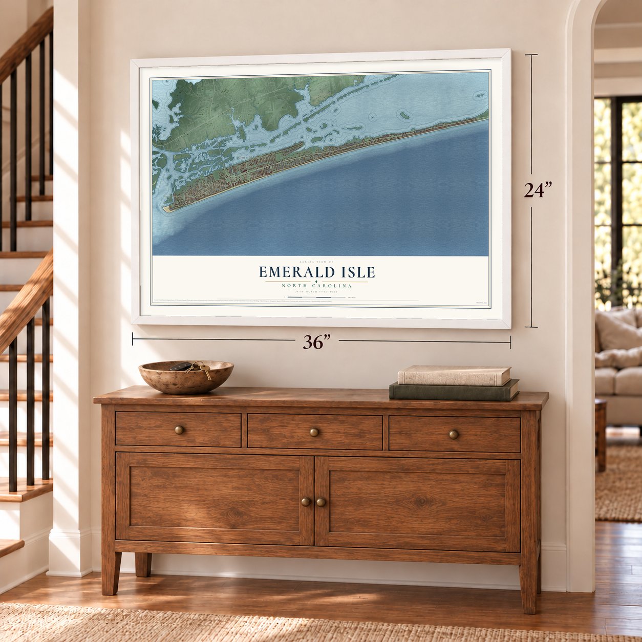 Emerald Isle, North Carolina map, 24 x 36 inch print in a white frame above a dresser by a staircase