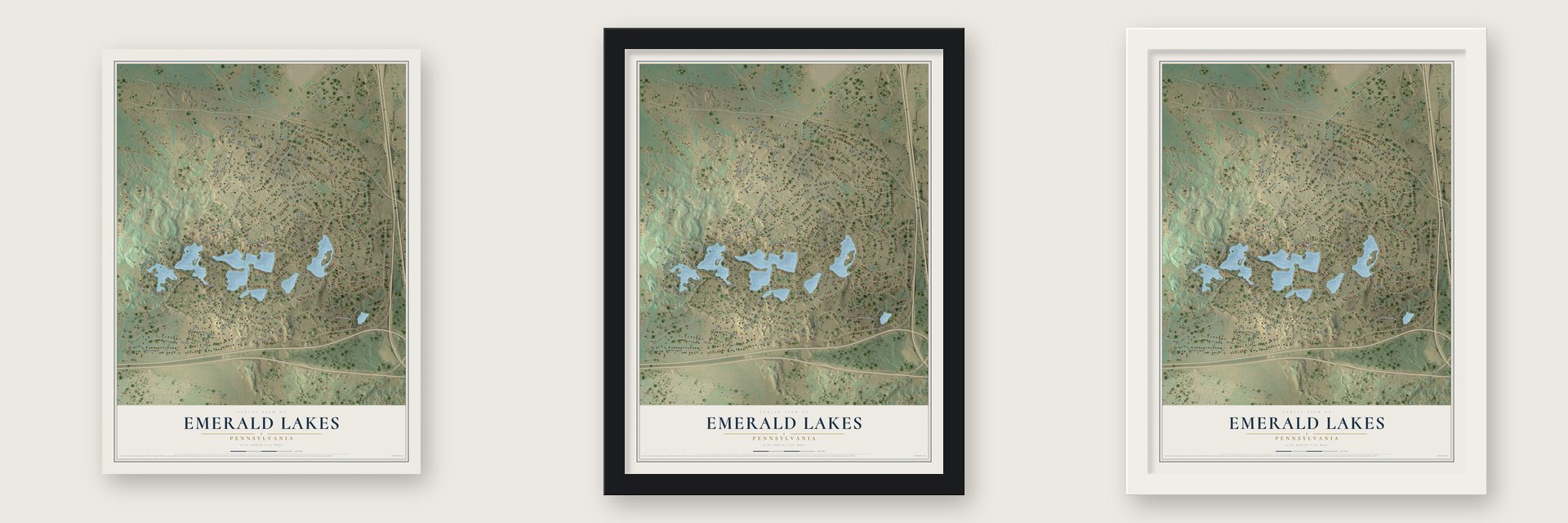Emerald Lakes, Pennsylvania map unframed, in a black wood frame and in a white wood frame