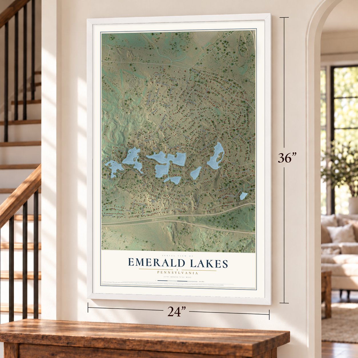 Emerald Lakes, Pennsylvania map, 24 x 36 inch print in a white frame by a staircase