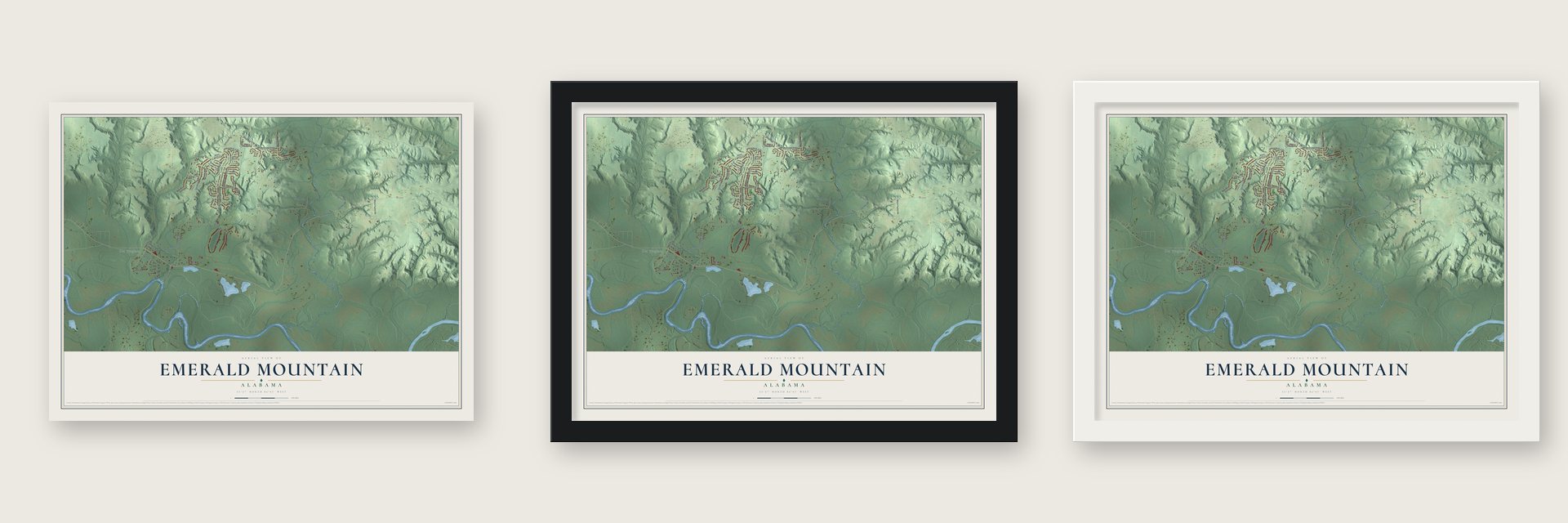 Emerald Mountain, Alabama map unframed, in a black wood frame and in a white wood frame