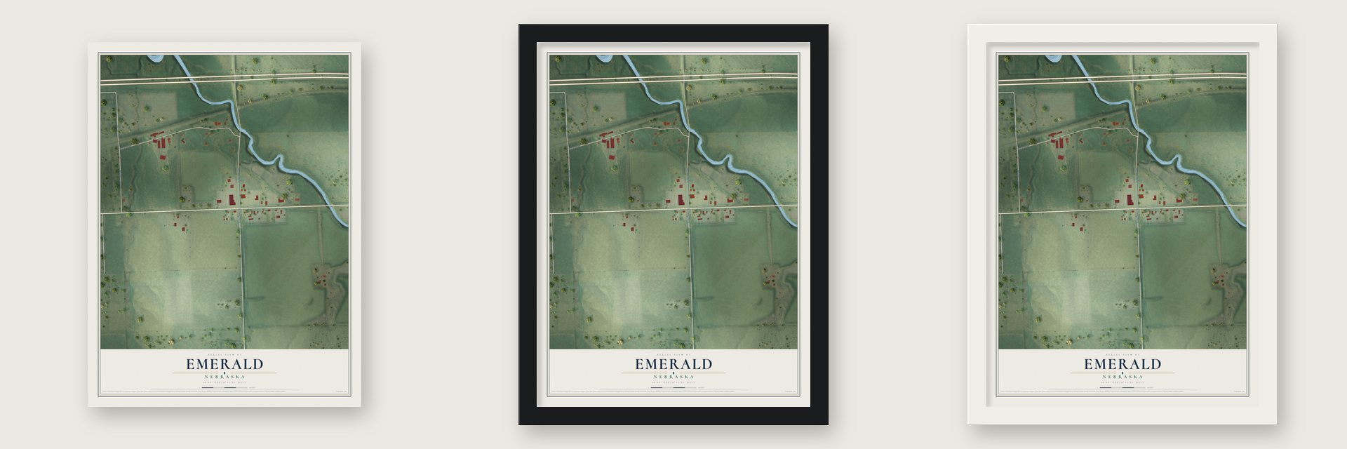 Emerald, Nebraska map unframed, in a black wood frame and in a white wood frame