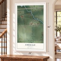 Emerald, Nebraska map, 24 x 36 inch print in a white frame by a staircase