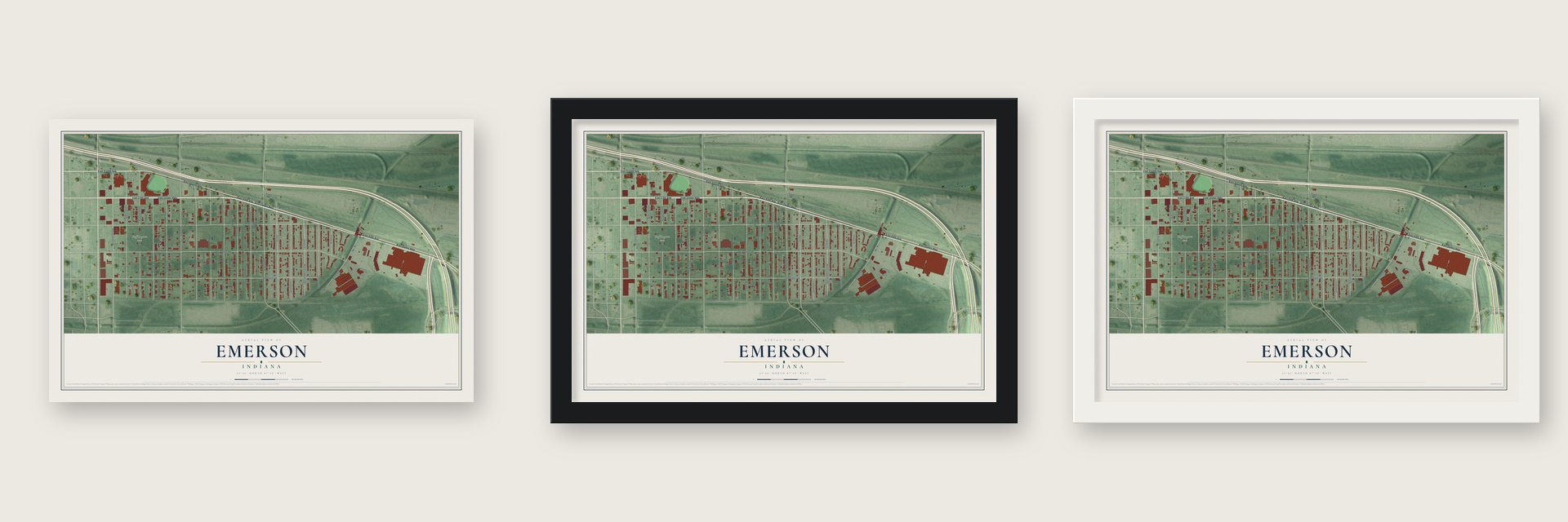 Emerson, Indiana map unframed, in a black wood frame and in a white wood frame