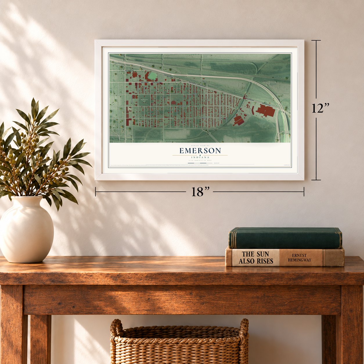 Emerson, Indiana map, 12 x 18 inch print in a white frame in an entryway