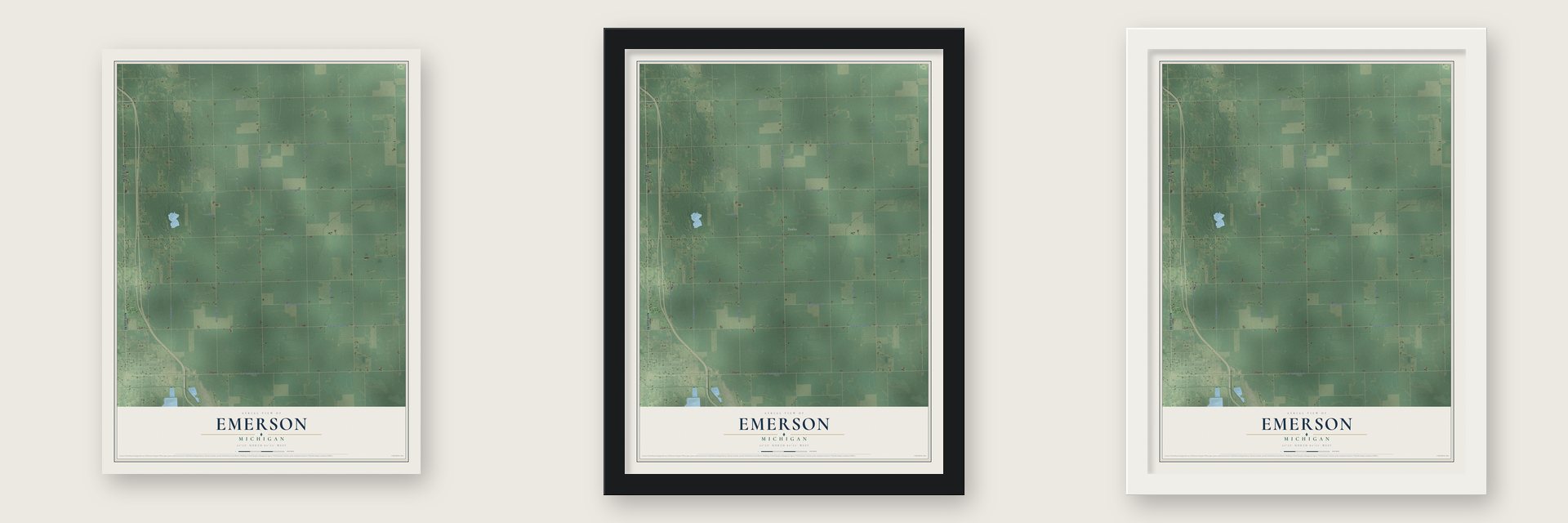 Emerson, Michigan map unframed, in a black wood frame and in a white wood frame