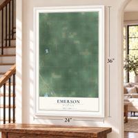 Emerson, Michigan map, 24 x 36 inch print in a white frame by a staircase
