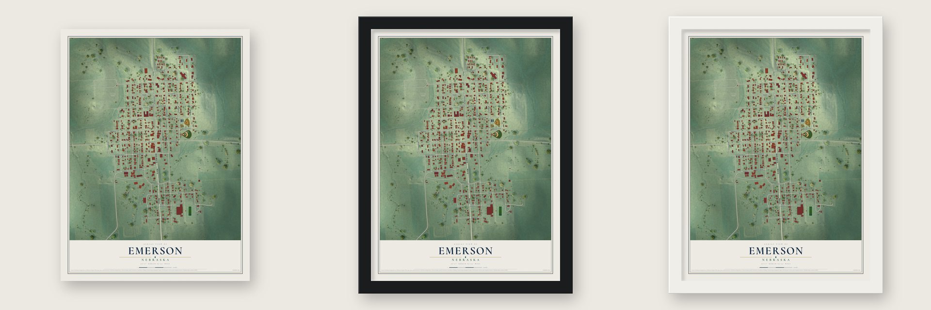 Emerson, Nebraska map unframed, in a black wood frame and in a white wood frame