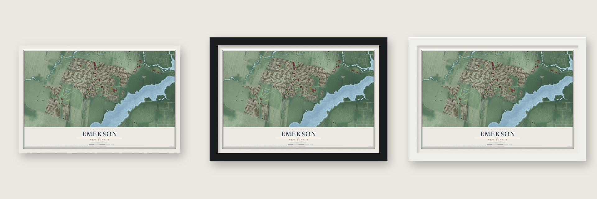 Emerson, New Jersey map unframed, in a black wood frame and in a white wood frame