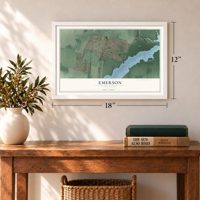 Emerson, New Jersey map, 12 x 18 inch print in a white frame in an entryway