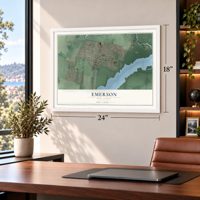 Emerson, New Jersey map, 18 x 24 inch print in a white frame in a home office