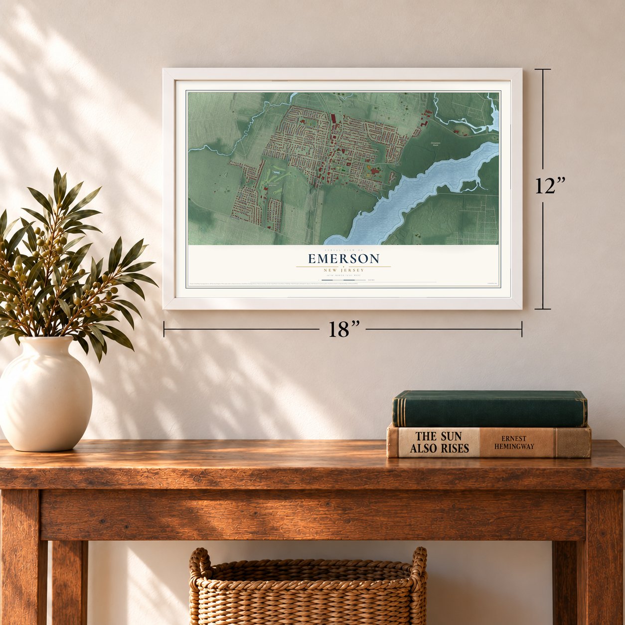 Emerson, New Jersey map, 12 x 18 inch print in a white frame in an entryway