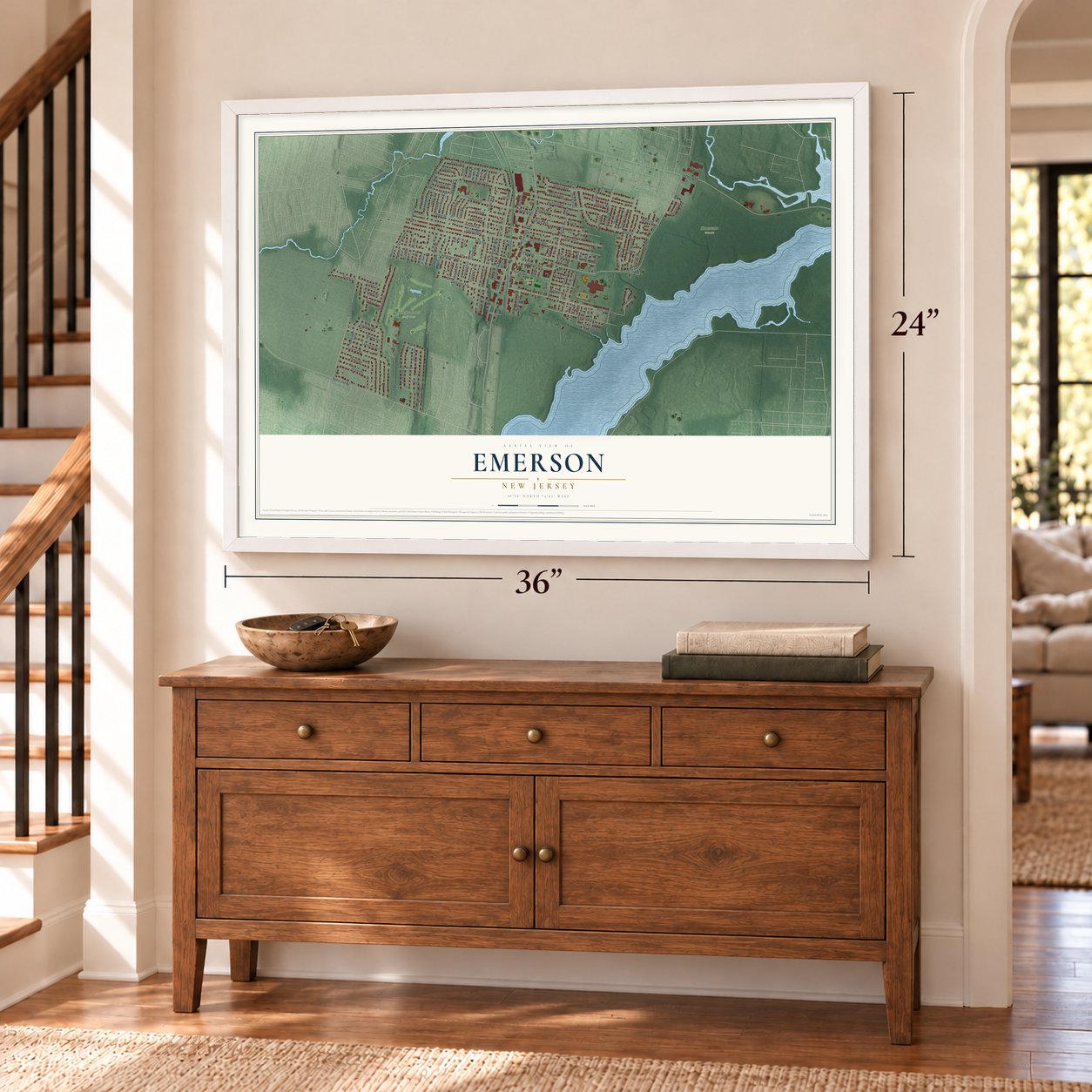 Emerson, New Jersey map, 24 x 36 inch print in a white frame above a dresser by a staircase