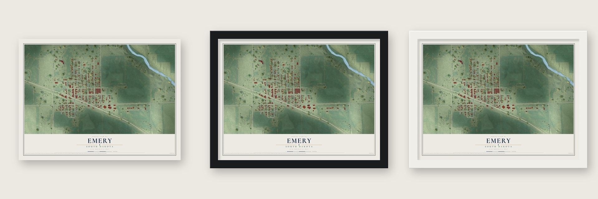 Emery, South Dakota map unframed, in a black wood frame and in a white wood frame