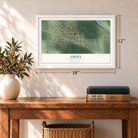 Emery, South Dakota map, 12 x 18 inch print in a white frame in an entryway